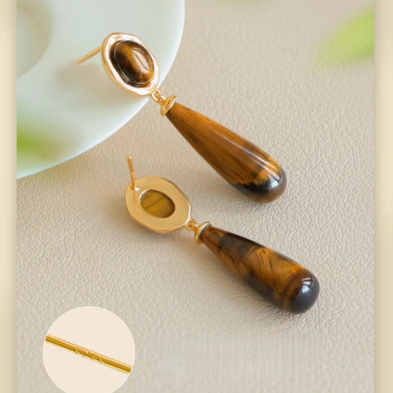 Boucles d'oreilles goutte d'eau œil de tigre naturel — attire la richesse et protège