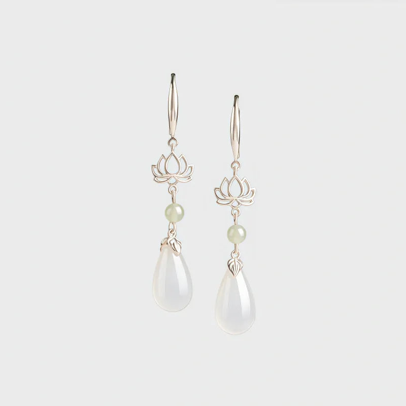 Lotus Rebirth White Jade Drop Earrings