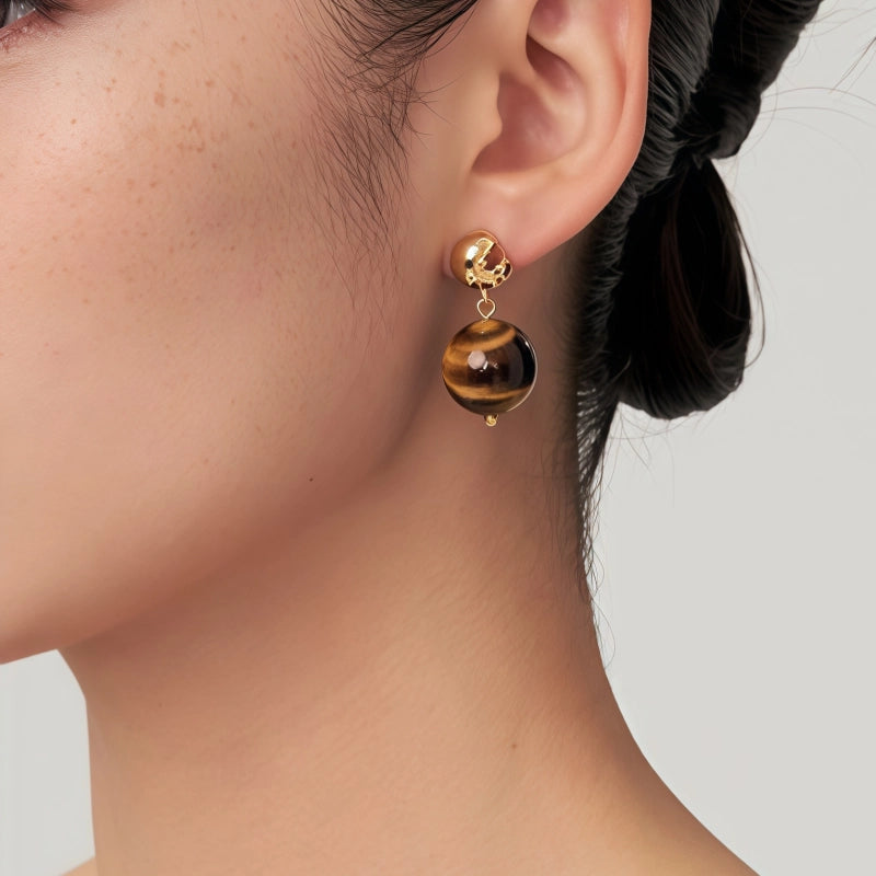Natural Tiger Eye Stone Earrings- Symbolizing Auspiciousness and Wealth