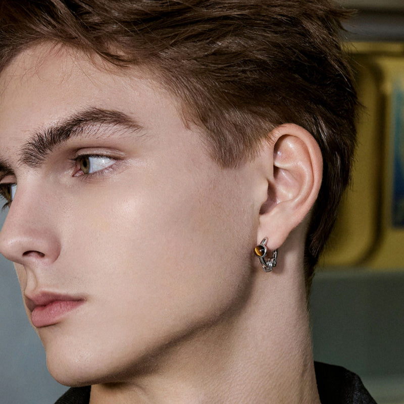 Natural Tiger Eye Silver Earrings, Streetwear Style — Fiery Courage For My Boyfriend