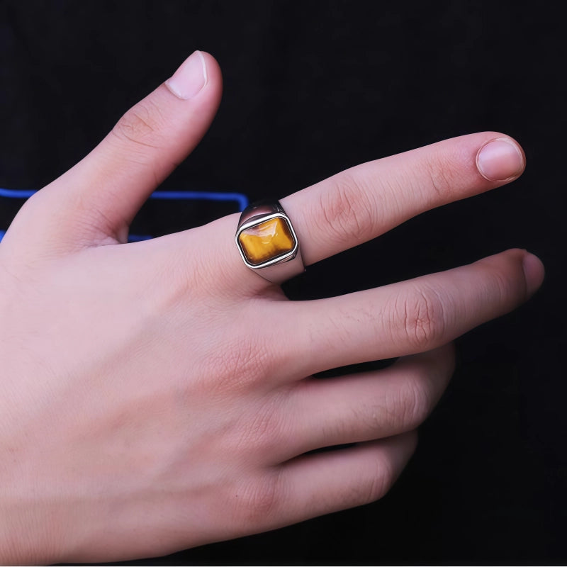 Bague en Pierre Oeil de Tigre Naturelle, Bague Rétro pour Homme avec Pierre Précieuse
