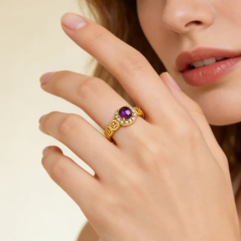 Natural Amethyst Coin Fortune Ring