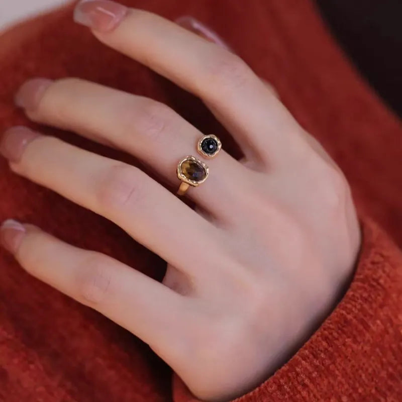Tiger Eye Stone Double Stone Retro Ring of Courage