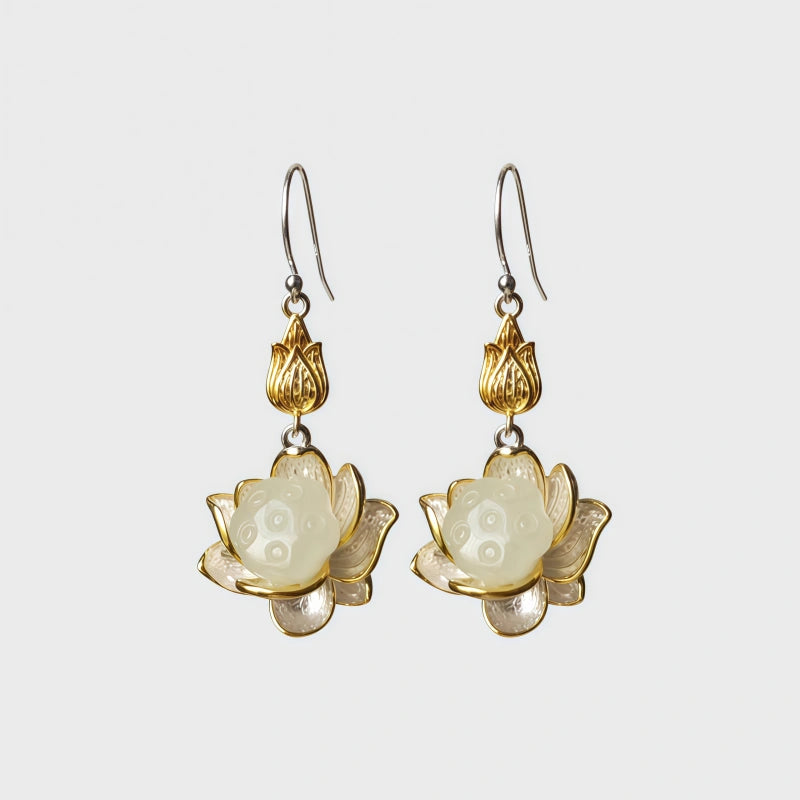 Lotus Serenity Reign Natural Hetian Jade earrings