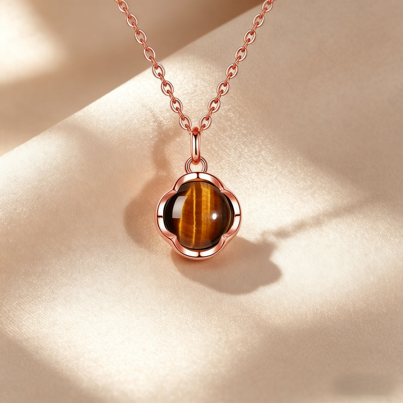 Lucky Clover Natural Tiger Eye Stone Necklace