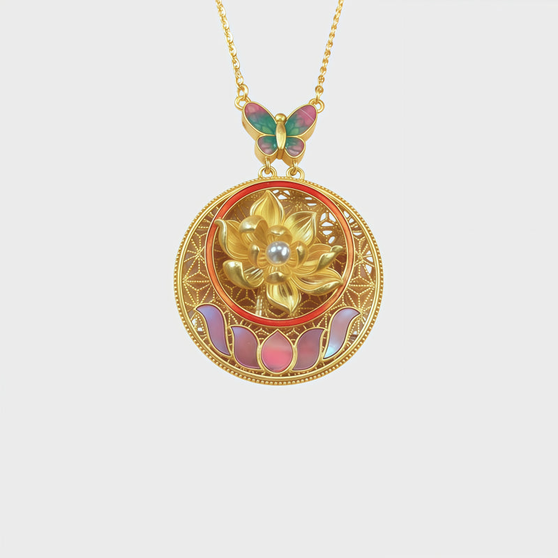 Butterfly Dancing on Lotus Necklace