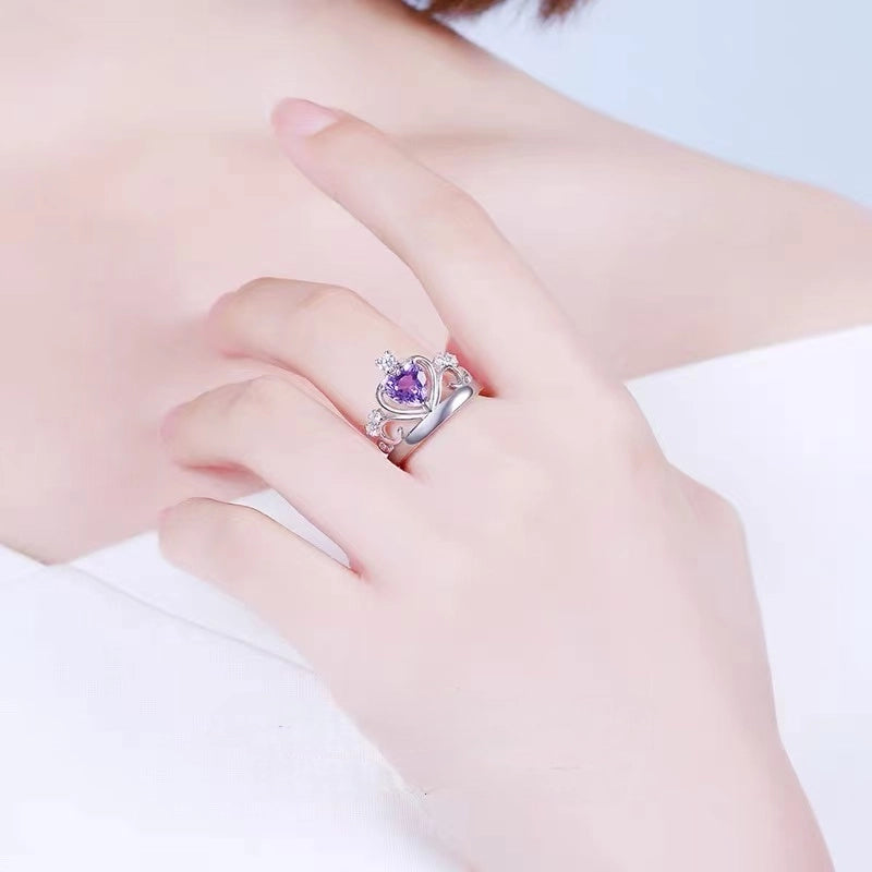 Natural Amethyst Crown Heart Ring - Let Calm Attract Good Fortune