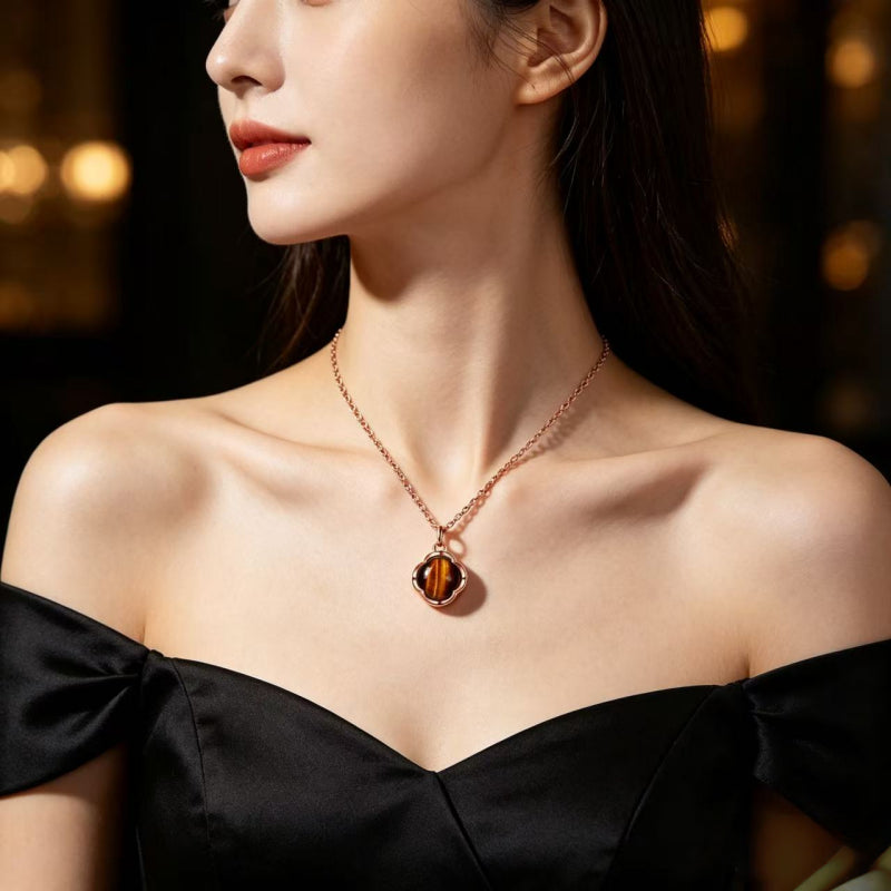 Natural Tiger Eye Necklace — Lucky Clover Engravable Birthday Gift Clavicle Necklace