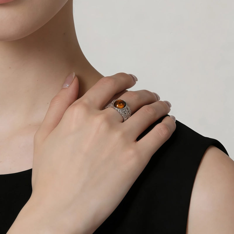 Natural Tiger Eye S925 Ring Hollowed Out Lace Niche Simple High-end Temperament Versatile Women's Ring