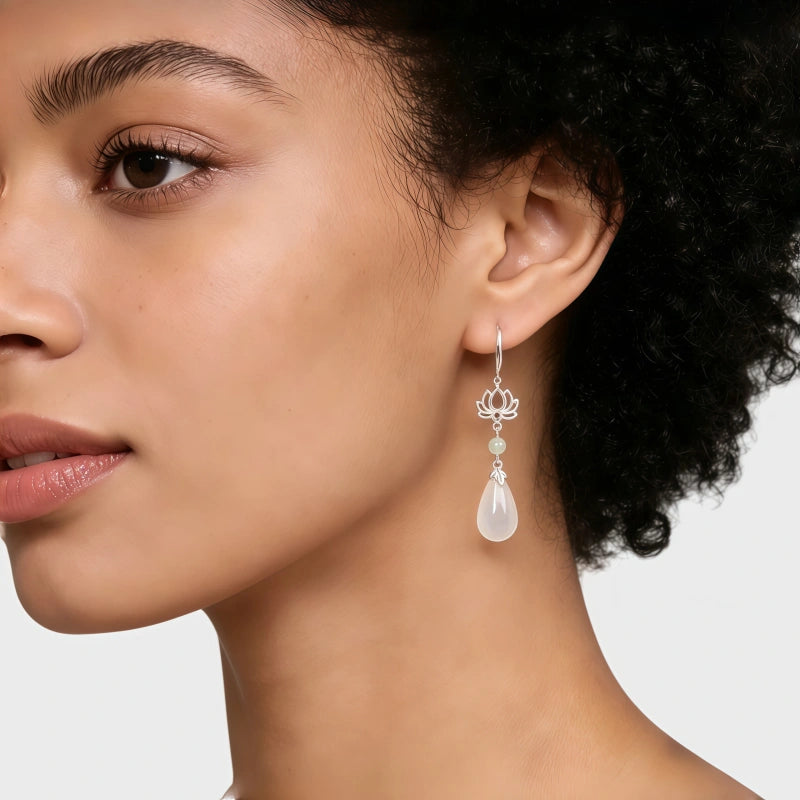 Lotus Rebirth White Jade Drop Earrings