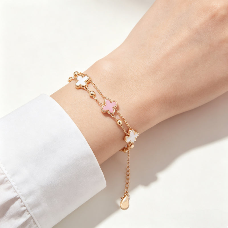 Bracelet Double Couche Trèfle à Quatre Feuilles — Cadeau Luxe & Délicat pour Meilleure Amie – Anniversaire & Remise de Diplôme