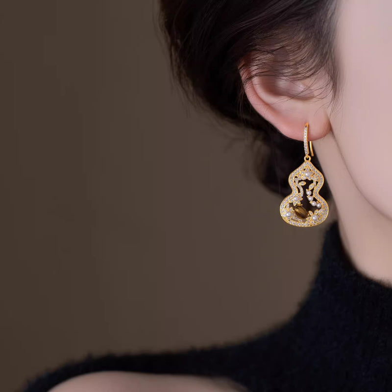 Boucles d'oreilles pendantes œil de tigre gourde creuse, bijoux d'oreille en cristal de bénédiction de richesse