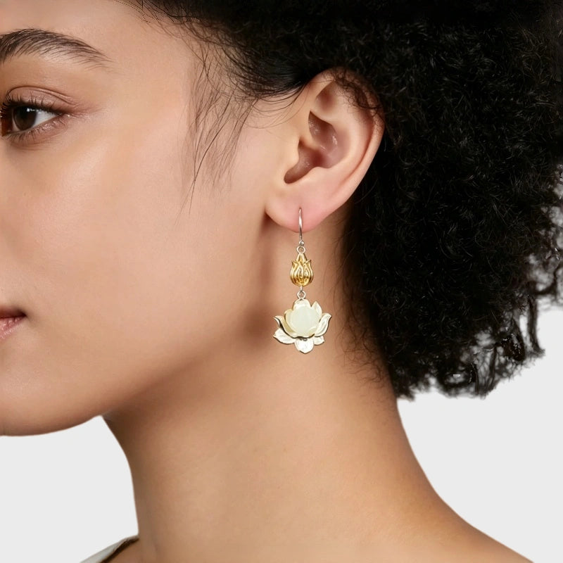 Lotus Serenity Reign Natural Hetian Jade earrings