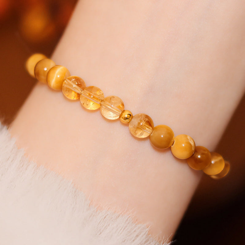 Bracelet Œil de Tigre Doré & Citrine — Bracelet de Fortune en Cristal de Grade 7A pour Femmes