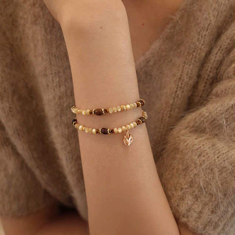 Tiger Eye & Shell Bead Bracelet for Women, Adjustable Extension Chain with Leaf Pendant
