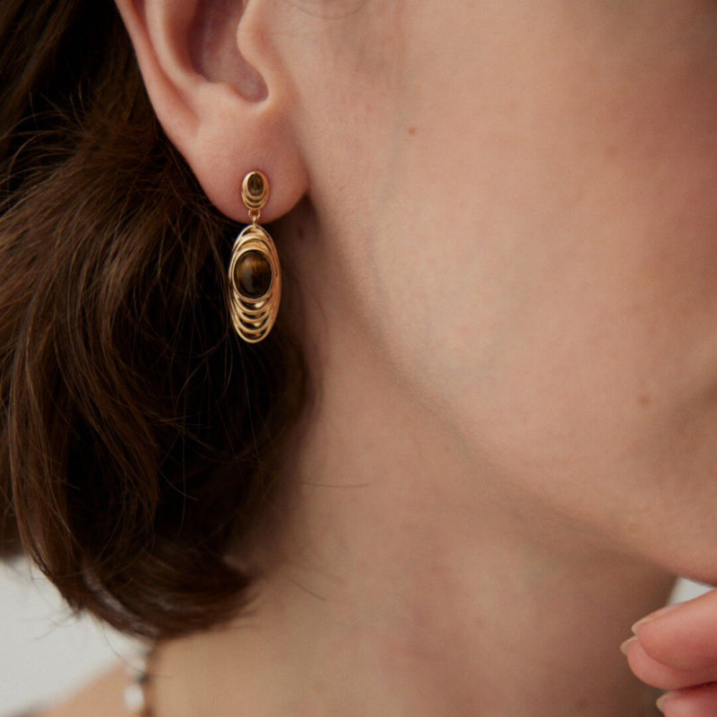 Oculus Layer Natural Tiger Eye Earrings — Ideal Elegant Gift for Mom