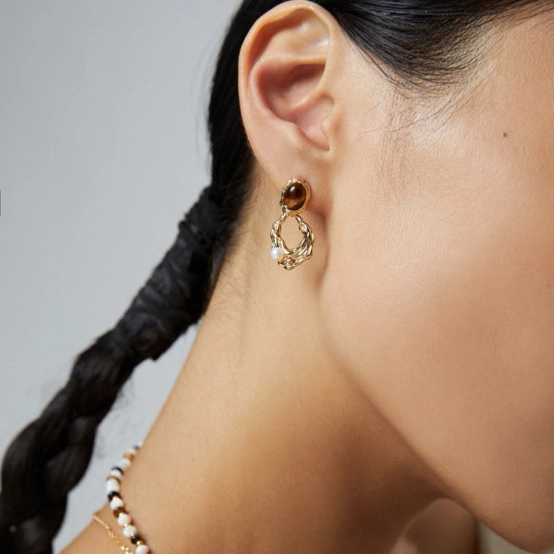 Boucles d'oreilles perles œil de tigre naturel — Cadeau de meilleurs vœux idéal pour maman