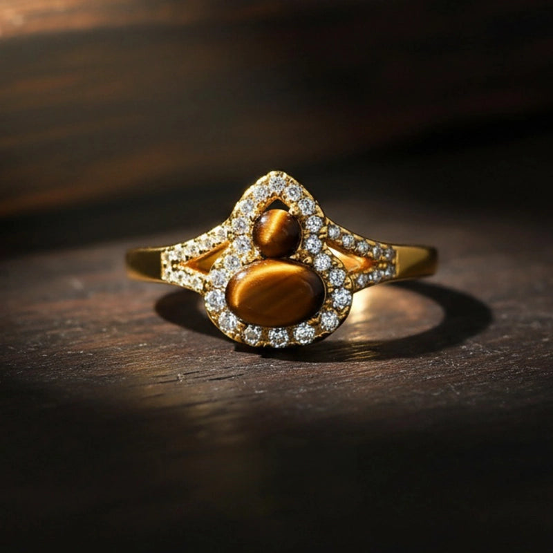 Boucles d'oreilles et bague en œil de tigre doré Maillard en forme de calebasse — Bijoux porte-bonheur en cristal