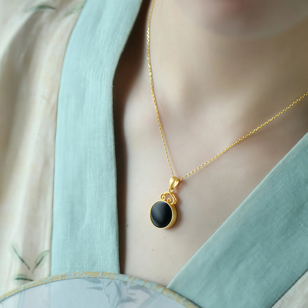 Natural Black Hetian Jade Auspicious Cloud Round Tablet Necklace - Protection & Wholeness