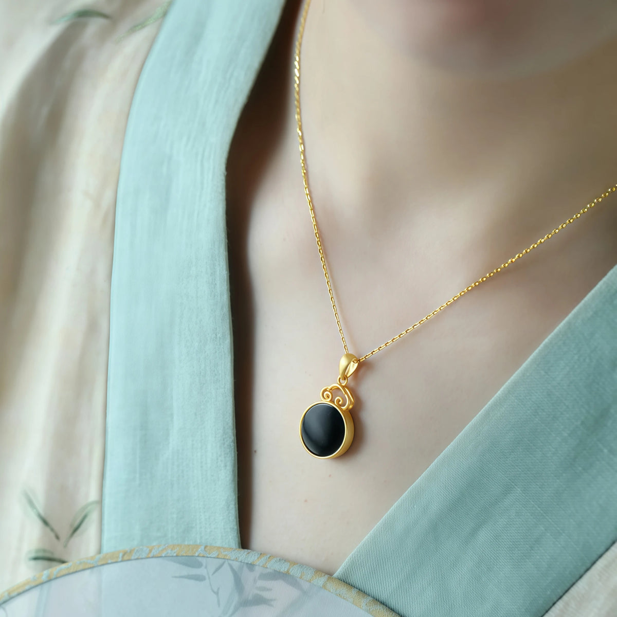 Natural Black Hetian Jade Auspicious Cloud Round Tablet Necklace - Protection & Wholeness