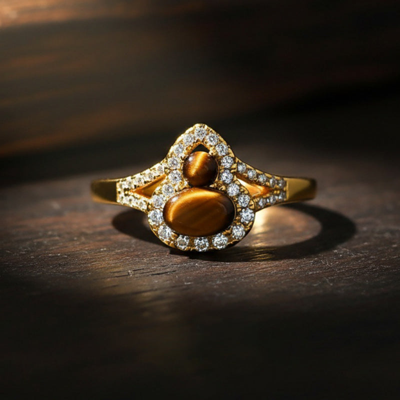 Maillard Golden Tiger Eye Gourd Silver Studs — Fortune Crystal Earrings & Ring Set