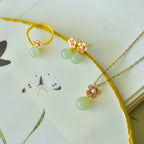 Oriental Cherry Blossom Enamel Jade Pearl Jewelry Set - Gentle Protection