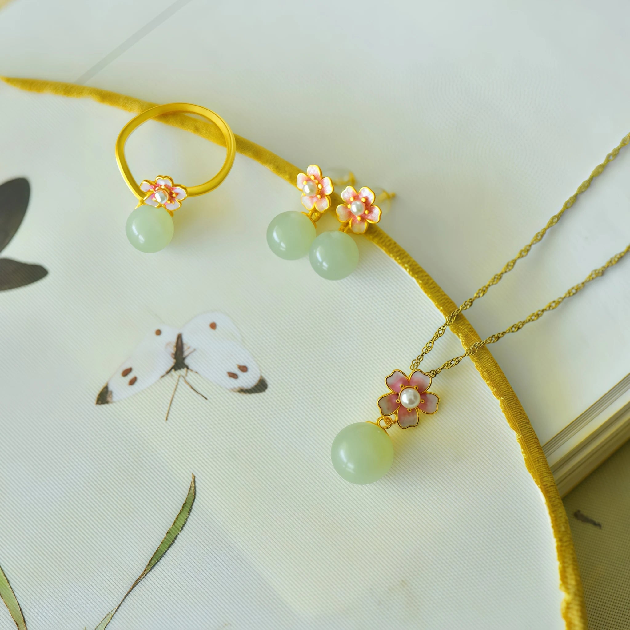 Oriental Cherry Blossom Enamel Jade Pearl Jewelry Set - Gentle Protection
