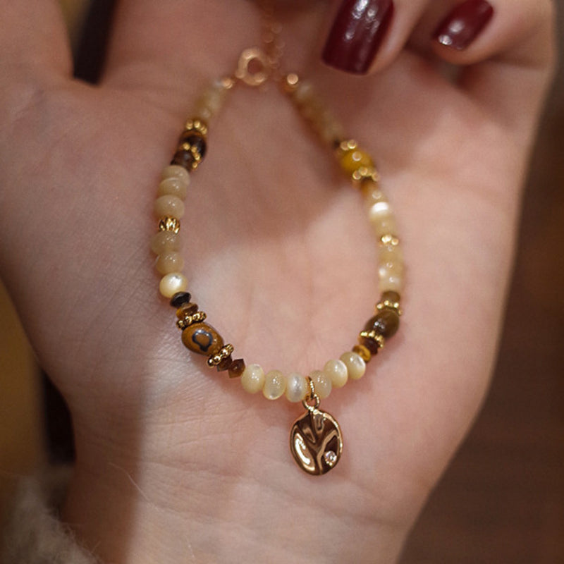 Tiger Eye & Shell Bead Bracelet for Women, Adjustable Extension Chain with Leaf Pendant