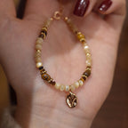 Tiger Eye & Shell Bead Bracelet for Women, Adjustable Extension Chain with Leaf Pendant