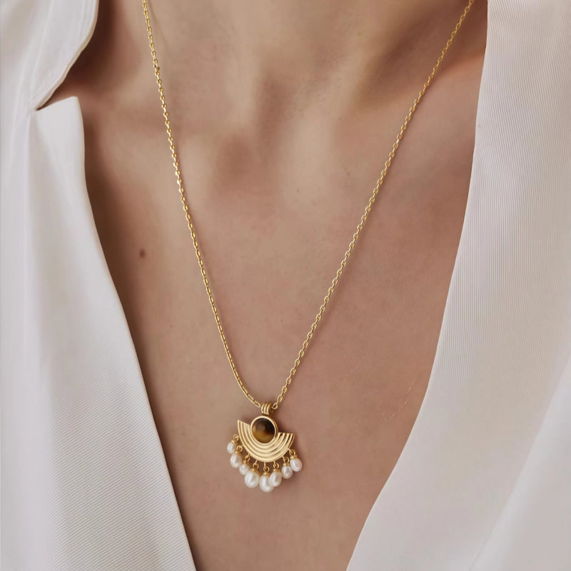 Collier en pierre œil de tigre naturelle Pendentif perle queue de paon - Succès professionnel