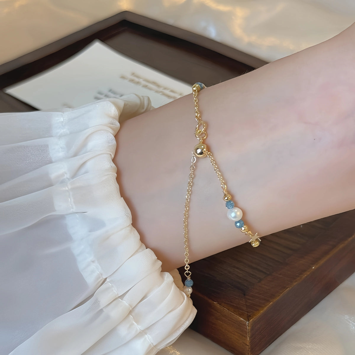 Natural Blue Apatite & Pearl Bracelet - Clear Mind & Gentle Self‑Expression
