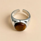 Natural Tiger Eye Stone Ring, Retro Artistic Open Mouth Women's Ring