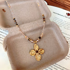 Natural Tiger Eye Stone Necklace, Lucky Four-Leaf Clover Long Sweater