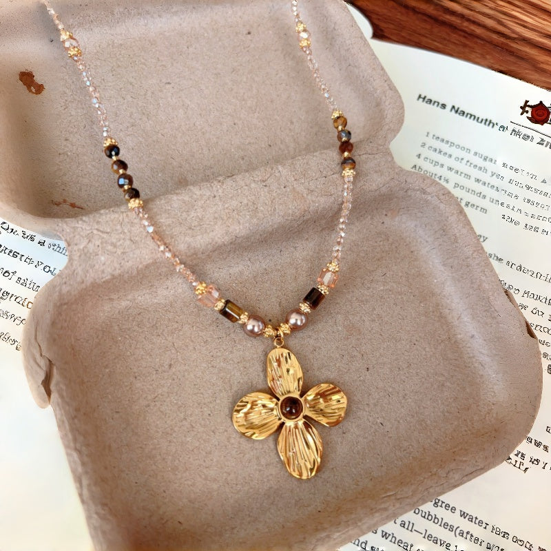Natural Tiger Eye Stone Necklace, Lucky Four-Leaf Clover Long Sweater