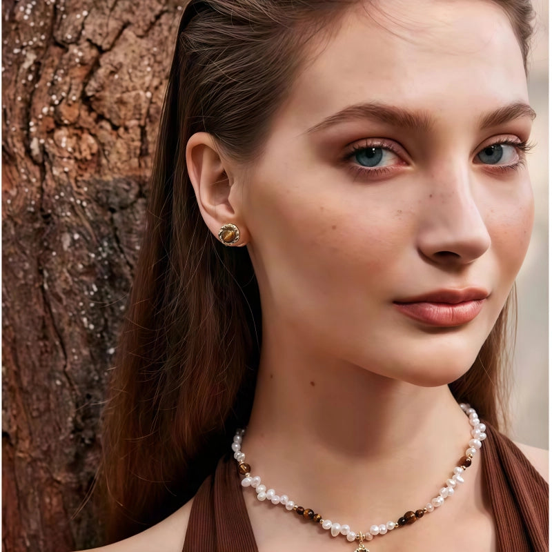 Boucles d'oreilles en pierres naturelles Œil de Tigre et perles d'eau douce, nouvelles boucles d'oreilles double-face