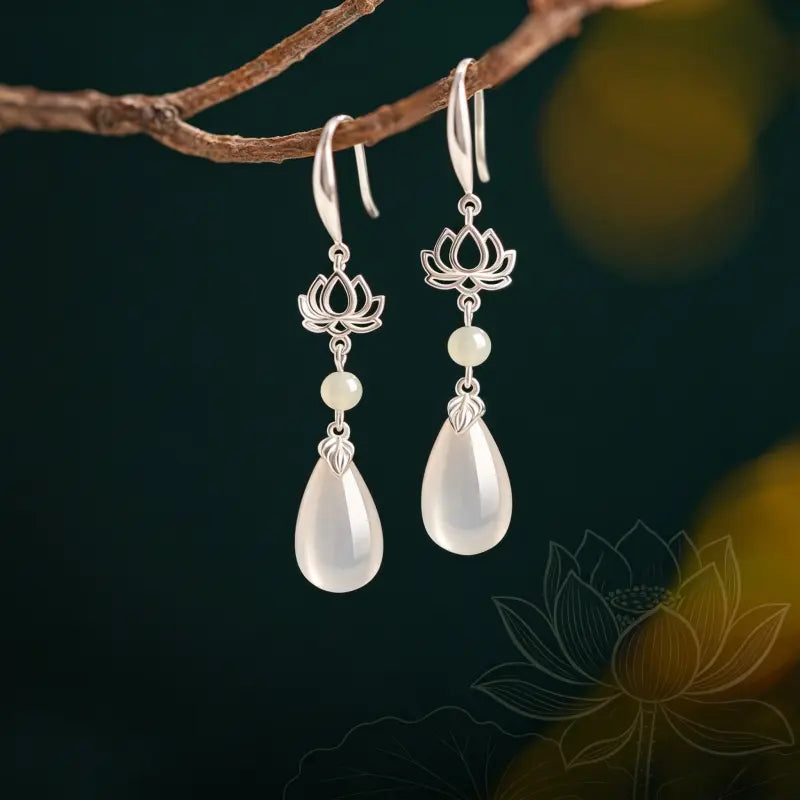 Lotus Rebirth White Jade Drop Earrings