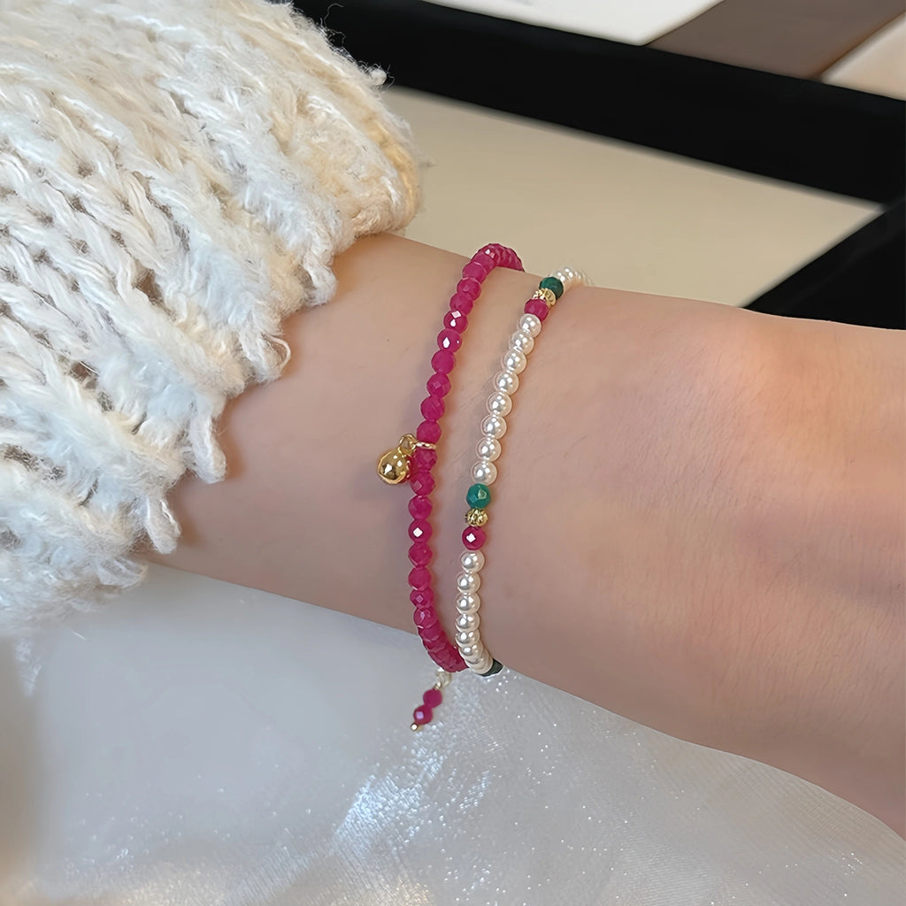 Natural Red Tourmaline & Pearl Stackable Bracelet - Unleash Passion & Soft Elegance