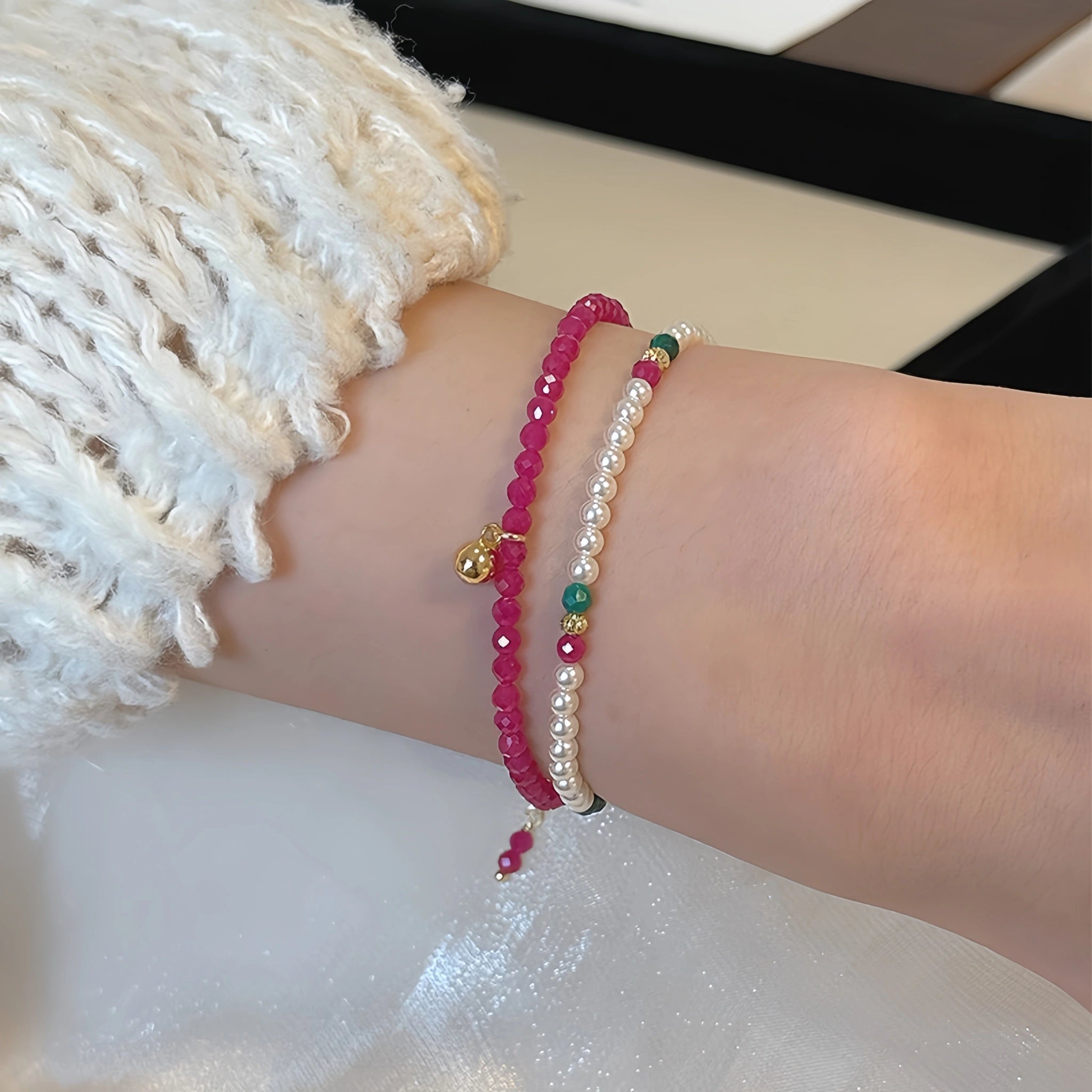 Natural Red Tourmaline & Pearl Stackable Bracelet - Unleash Passion & Soft Elegance