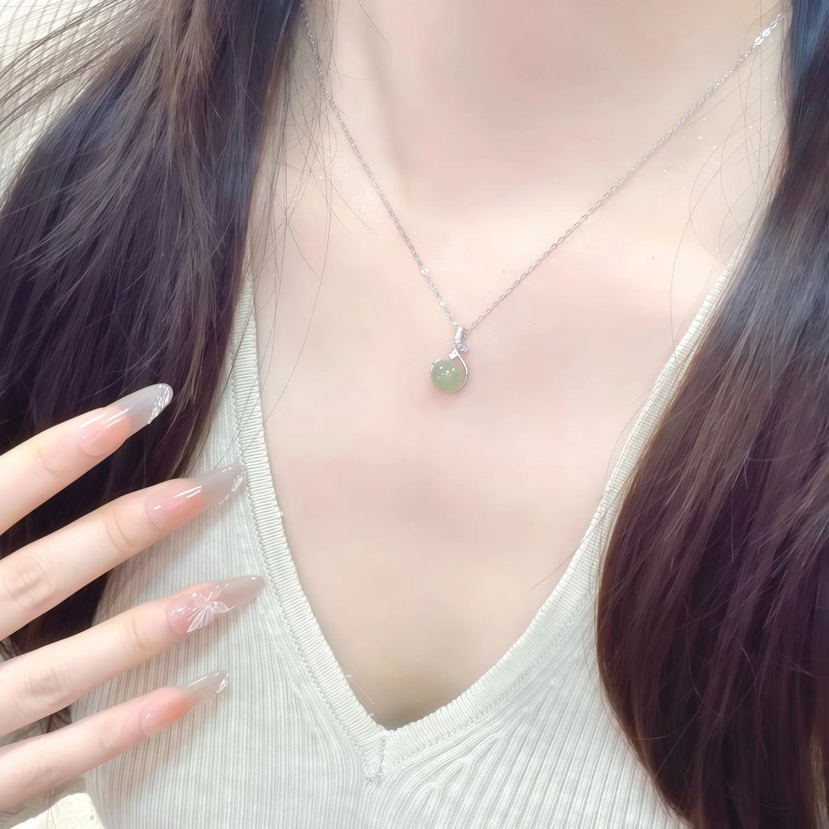 Elegant Hetian Jade Bead Silver Necklace - Calm & Protection
