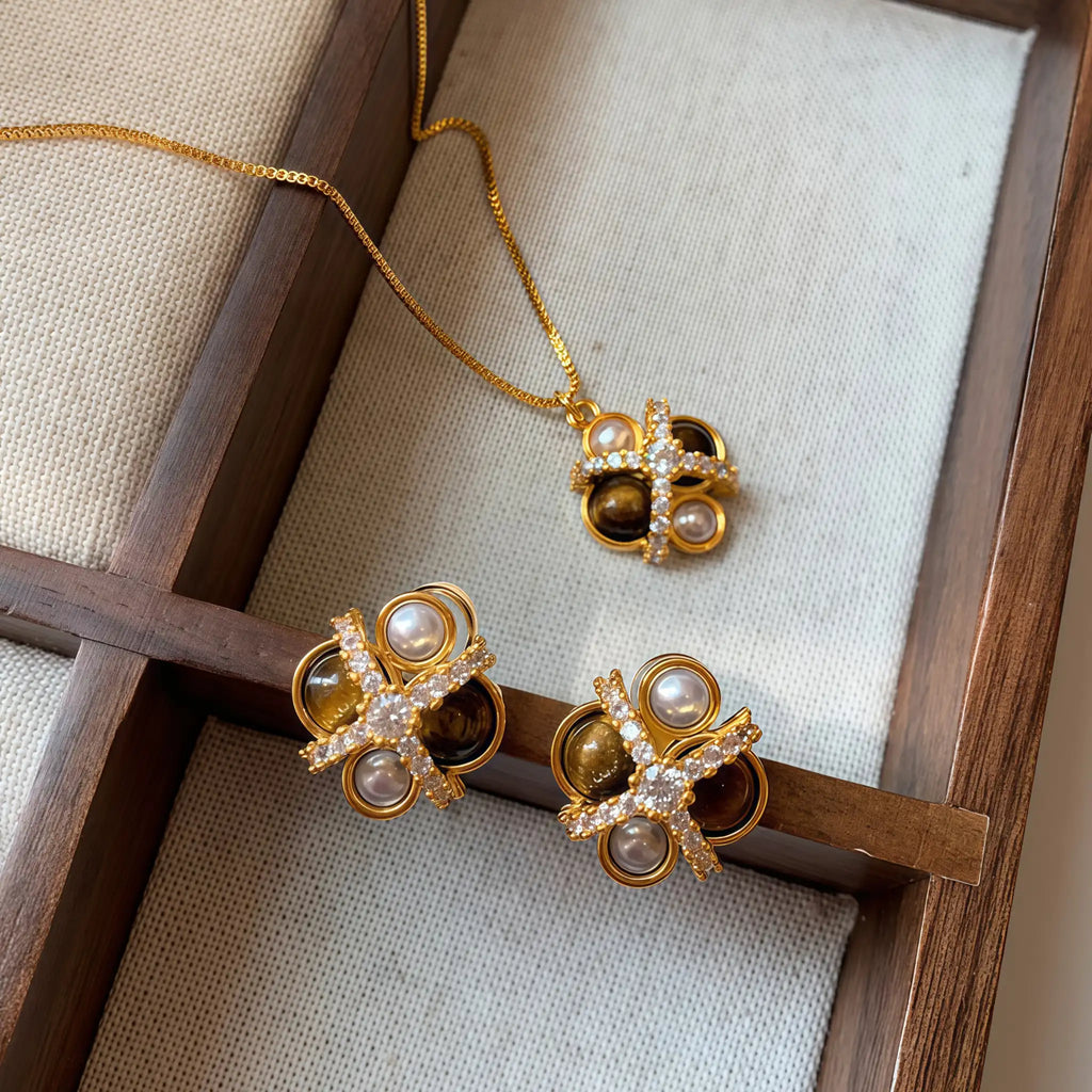 Vintage Star‑Cross Tiger's Eye Pearl Gold‑Plated Jewelry Set - Strength & Protection