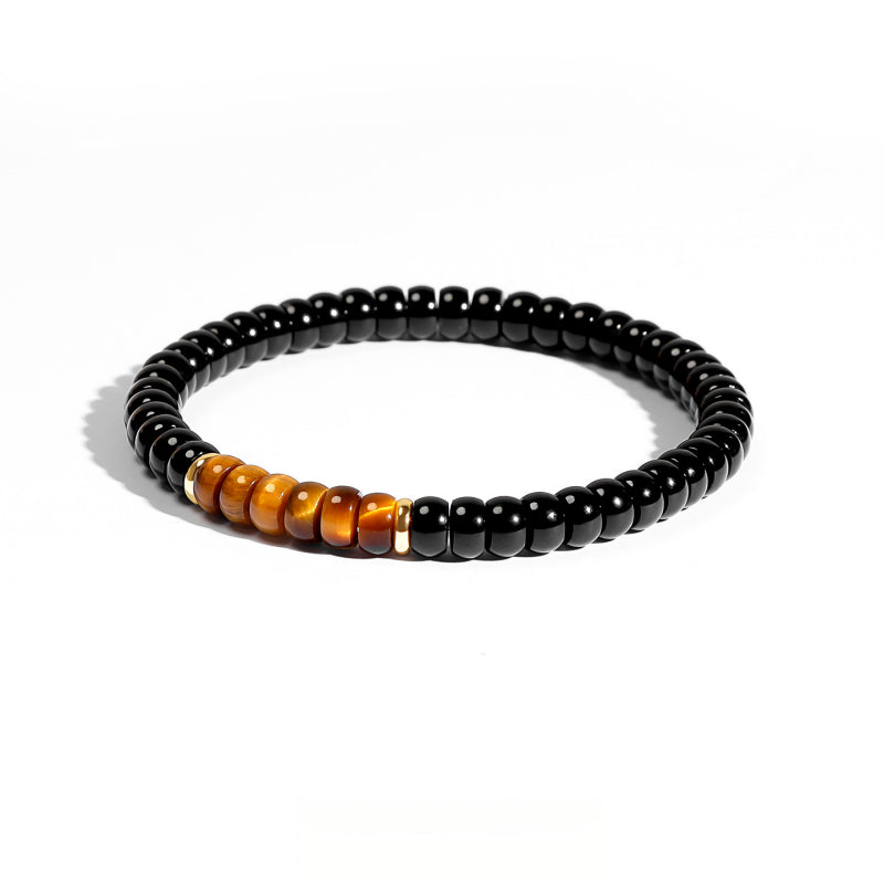 Natural Flat Disc Black Onyx & Tiger Eye Bracelet for Men - Attract Wealth & Stabilize Career, Valentine Gift for Boyfriend