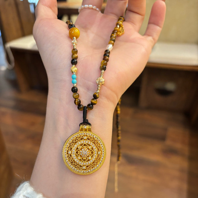 Natural Tiger Eye Stone Necklace, Compass Pendant Sweater Necklace, Gift for Mom