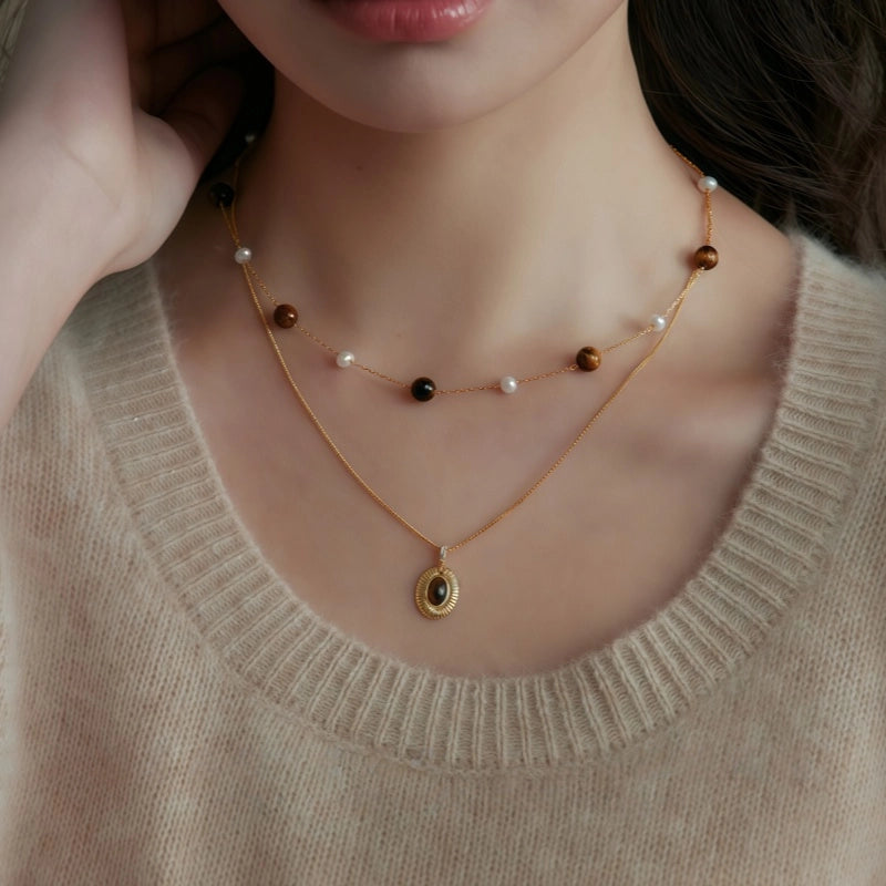 Collier en pierre naturelle Œil de tigre, chaîne pour femme vintage style Maillard