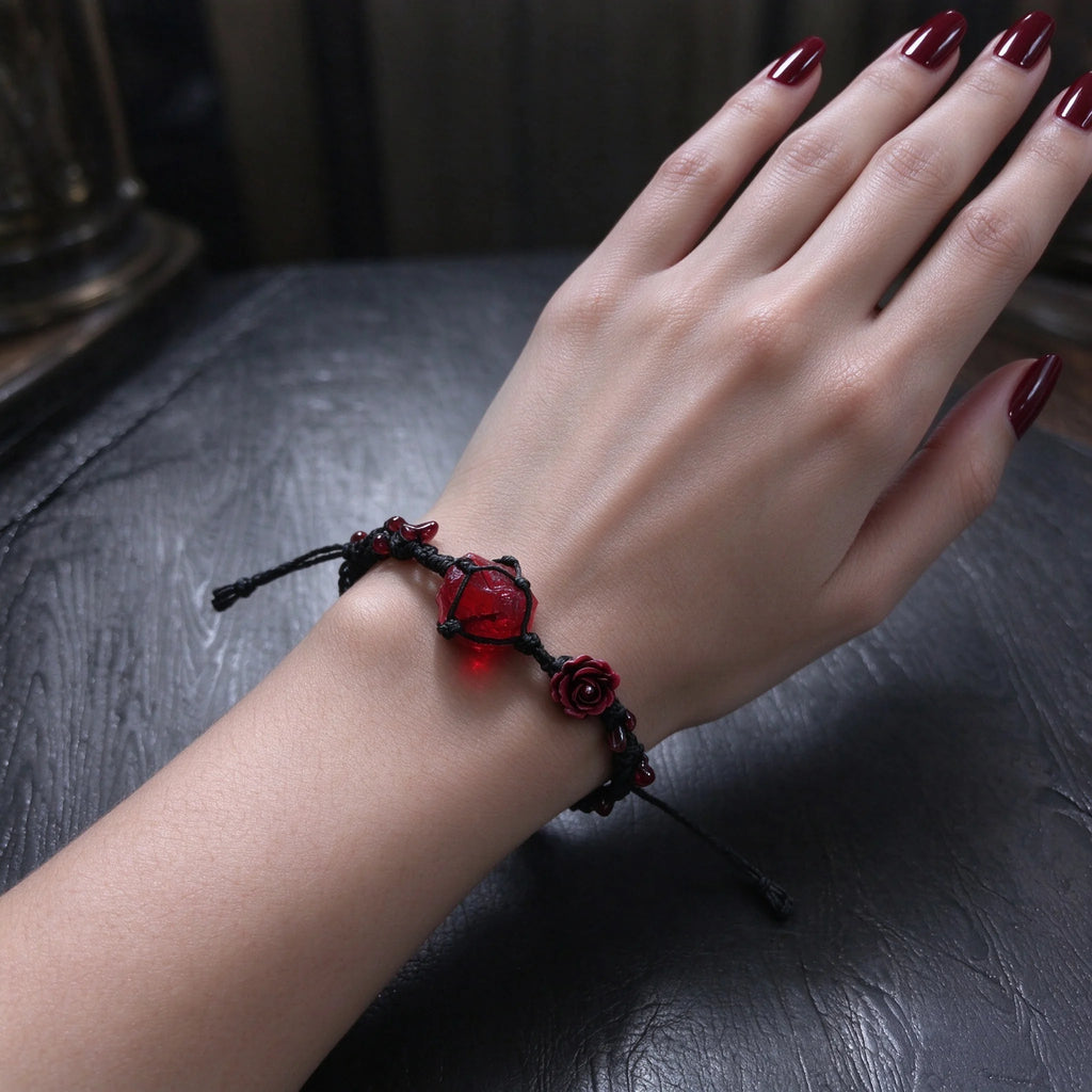 Red Rose Garnet Macrame Bracelet - Vitality & Devotion Energy Healing