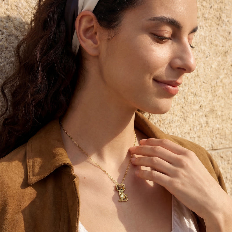 Collier en pierre naturelle Œil de tigre — Chat porte-bonheur pour votre bien-aimée