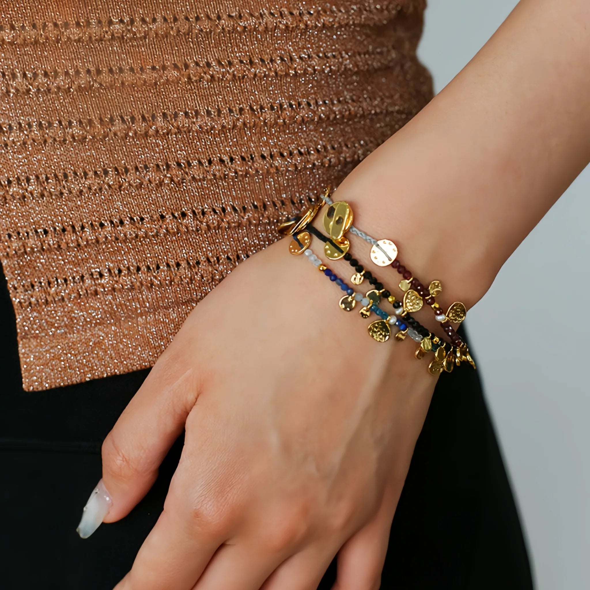 Hand‑Hammered Gold Coin Natural Stone Beaded Stack Bracelet - Healing, Inner Power