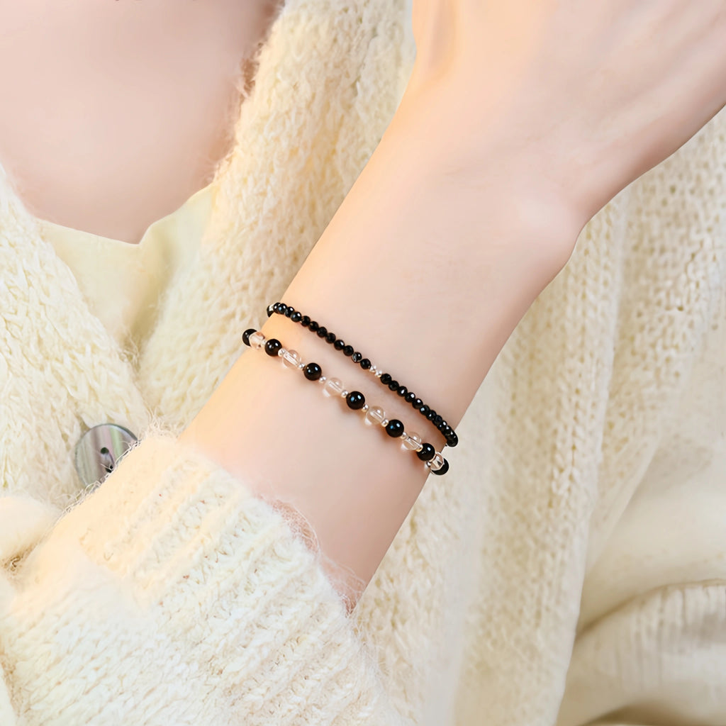 Obsidian, Black Onyx & Clear Quartz Stackable Bracelet - Protection & Balance