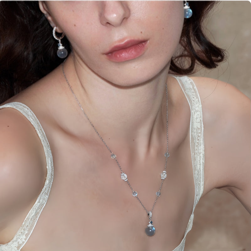 Ensemble Collier et Boucles d'Oreilles Pierre de Lune Grise & Quartz Transparent – Apaise les Émotions, Purifie l'Aura