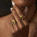 2pcs Set Gilded Four-Petal & Oval Tiger's Eye Ring - Talisman Attract Wealth, Boost Career & Repel Negative Energy