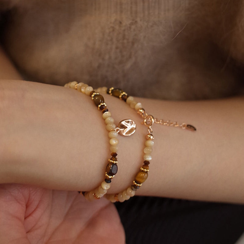 Tiger Eye & Shell Bead Bracelet for Women, Adjustable Extension Chain with Leaf Pendant